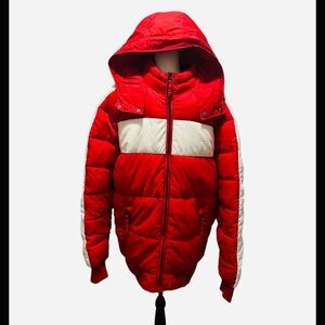 American Eagle Men's Puffer Jacket Coat Red White Size M Medium TALL